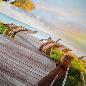Close-up of tropical beach print on tapestry showing woven fabric texture and ocean view