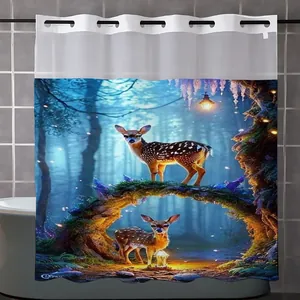 Detail of waffle fabric shower curtain with forest deer print and silver metal eyelets