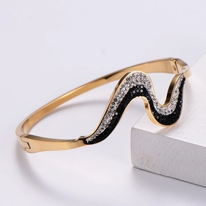Wavy Bangle Bracelet Stainless Steel With Black And White Rhinestone Minimalist Luxury Wave Jewelry For Women