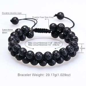 Double row black lava stone bracelet with 8mm beads and adjustable durable rope knot