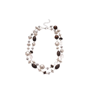 Double-layered retro necklace with wood beads, gray crystals and geometric acrylic charms