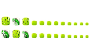 Detail view of 24 pieces of green and kiwi pattern press-on toenails on white background