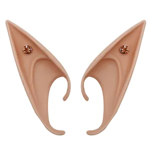 Detail of latex elf ears for cosplay featuring amber petal-shaped jewelry accents