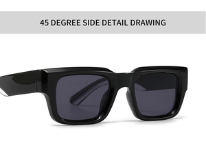 Detailed 45-degree side view of glossy black rectangular sunglasses frames and texture