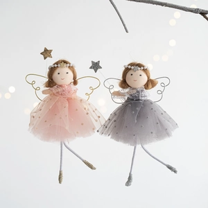 Pink and grey Christmas angel doll pendants with lace wings and delicate pearl details