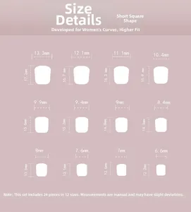 Guide des tailles pour faux ongles carrés courts avec 12 dimensions et kit de 24 pièces