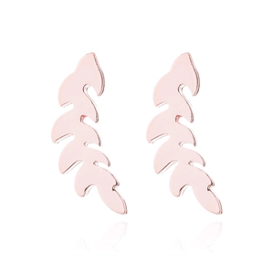Minimalist rose gold feather leaf stud earrings with a polished mirror finish on white background