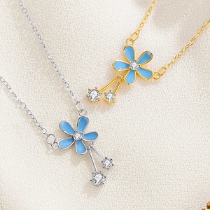 Elegant S925 silver flower necklace with blue petals and sparkling zircon drop