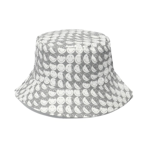 Double-sided sun hat with smiley patterns for women, stylish gray and white canvas design