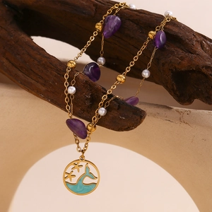 Double-layered 18K gold plated anklet with purple stones and dolphin tail pendant