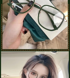 Detail of dark green oversized glasses frames with gold metal temples on a female model