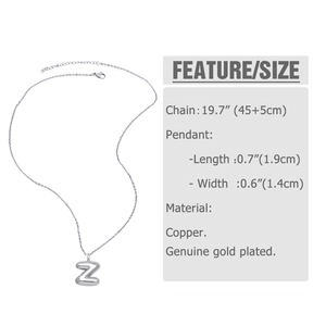 Detailed size chart for silver Z-letter pendant necklace with chain length specifications