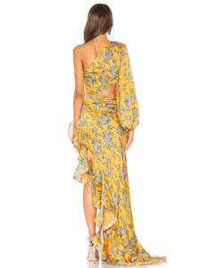 Rear view of yellow floral satin dress with ruffle hem and asymmetric shoulder design