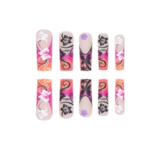 Tropical press-on nails featuring Hawaiian sunset gradient with hibiscus and palm tree motifs