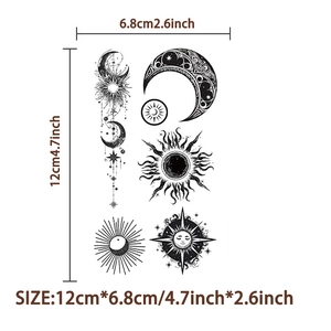 Waterproof sun and moon temporary tattoos with stars in black ink, 12x6.8cm sheet