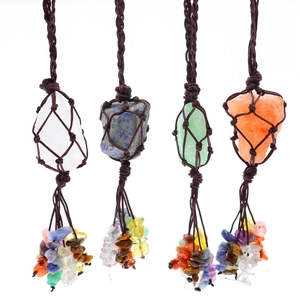 Handmade woven crystal raw stone car ornaments with tassels and natural polished gemstones