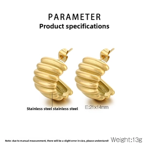 Detailed view of gold C-shape striped hoop earrings with exact size measurements