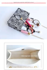 Detail of snake print crossbody bag with golden lock and spacious interior for essentials