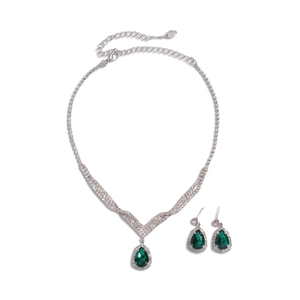 Elegant silver necklace and earrings set featuring deep green water drop pendants and crystals