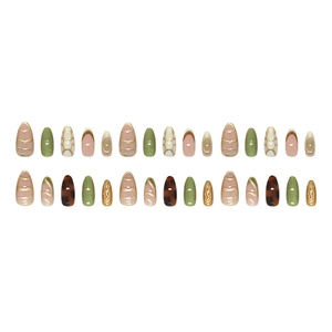 Olive green cat eye and gold line press-on nails in long almond shape, 24-piece set