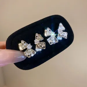 Butterfly Bow Stud Earrings Copper Cubic Zirconia With 925 Sterling Silver Earring Post Elegant Vintage Jewelry For Women
