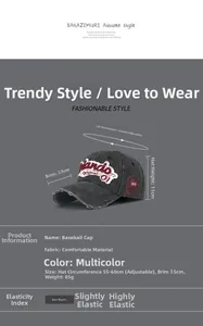 Detailed sizing chart and specifications for vintage distressed baseball cap with embroidery