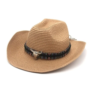 Chapeau De Paille Cowboy Western Décoration Métal Tête De Taureau Bande Tissée Ethnique Bord Large Protection Solaire