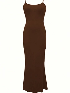 Vestido Largo Ajustado Sin Mangas Camisola Corte Entallado Cintura Alta Poliéster Elastano Color Sólido Para Mujeres
