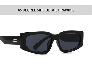Detailed 45-degree side view of black square frame sunglasses with metal hinge accents