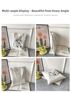 Detail view of beige canvas tote bag with black cartoon bears print in four perspectives