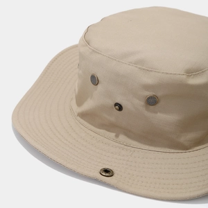 Detail of khaki wide brim boonie hat with metal mesh vents and side snap buttons