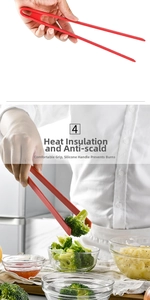 Close-up of red silicone handle food tongs picking up broccoli with heat protection