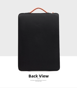 Vertical view of a slim black laptop sleeve with vibrant orange handles and durable fabric