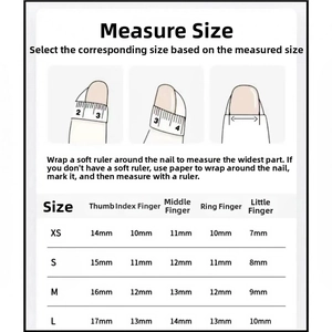 Size chart for vintage butterfly press-on nails with XS to L width measurement guide