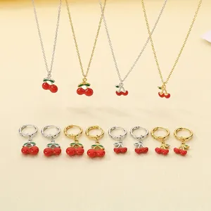 Cherry Necklace And Earrings Stainless Steel Red Fruit Enamel Sweet Fresh Fashion Jewelry For Women