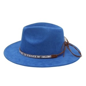 Close-up of royal blue fedora hat featuring snake print band and leather cord detail