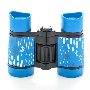 Blue children's binoculars with tree pattern and non-slip rubber focus knob for outdoors