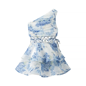 Robe Florale Sexy pour Femme Une Épaule Ajourée Mousseline Multicouche à Volants Élégante Vacances Coupe Ajustée Robe Mi-longue Plissée