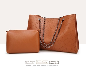Close-up of brown quilted tote bag with matching pouch and chain shoulder strap