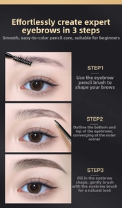 Detailed guide showing dual-headed eyebrow pencil steps: brush, outline, and fill the brows