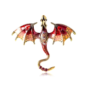 Broche dragon vintage dorée avec émail dégradé rouge-jaune et strass scintillants