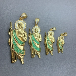 St. Jude San Judas Tadeo Pendant Necklace Charm 18K Gold Plated Copper Micro Pave Green Zirconia Religious Jewelry DIY Accessories