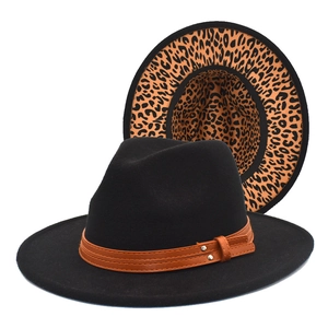 Black wool felt fedora hat featuring leopard print brim lining and leather buckle band