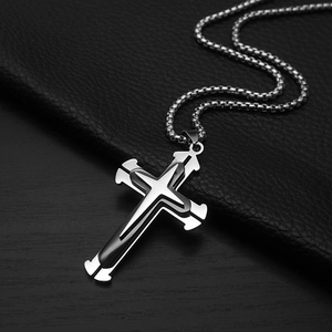 Three-layer cross pendant necklace in stainless steel with a polished box chain for men