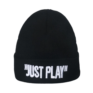 Japanese style black knit beanie for women with white JUST PLAY embroidery and ear protection