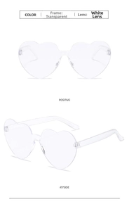 Detailed views of transparent heart-shaped sunglasses showing front and side profile
