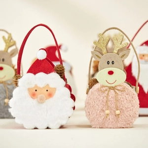 Plush Christmas gift bags featuring Santa Claus and reindeer designs with sequins and pine cones