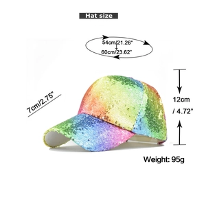 Sequin baseball cap dimensions: 7cm brim, 12cm height, fits 54-60cm head circumference