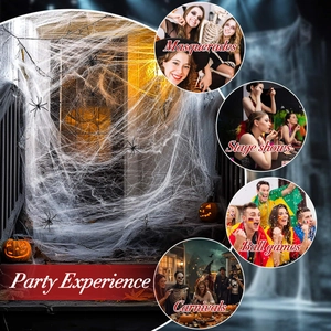 Halloween spider web decor with black spiders for indoor porch and party scenes