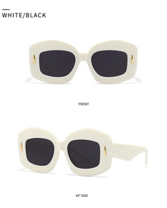 Detailed front and side views of irregular polygon sunglasses with white frames and black lenses